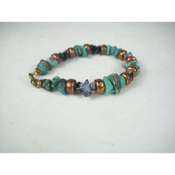 Handcrafted Turquoise Stone Copper Bead Bracelet Snowflake Agate Chip Black - Picture 5 of 6